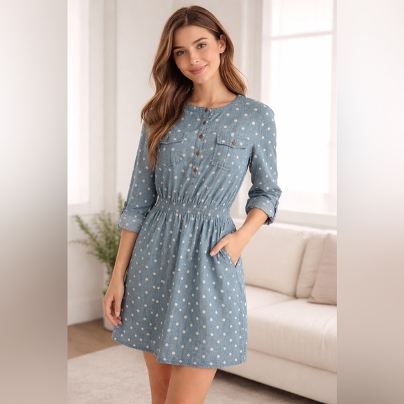 Brooks Brothers Dresses & Skirts - Brooks Brothers Polka Dot Chambray Shirt Dress Size 2
Blue Cotton Casual